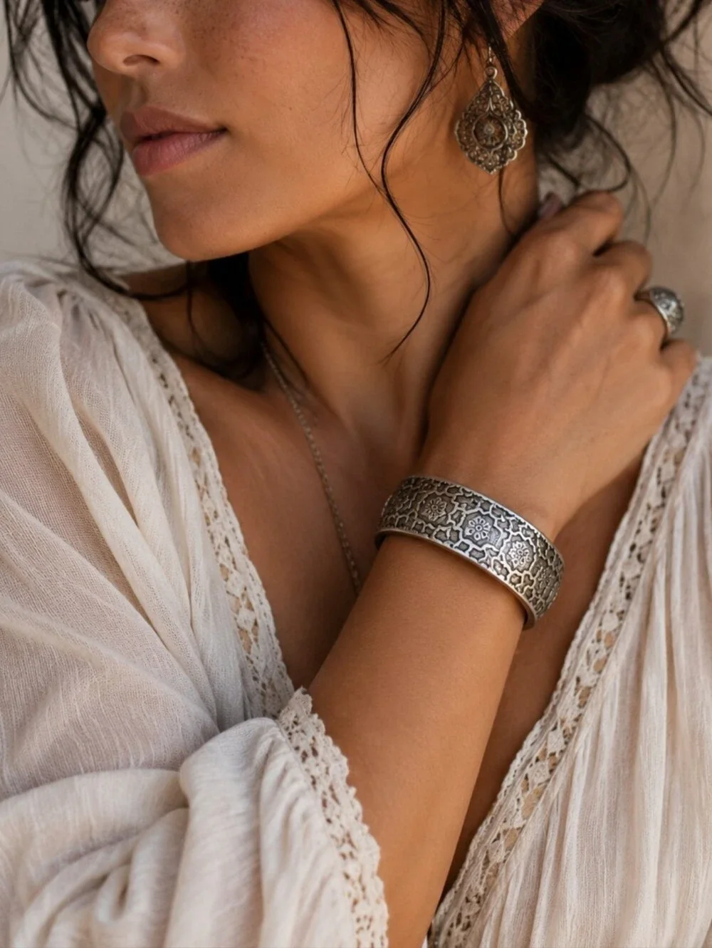 Tibetan Geometric Honeycomb Flower Cuff Bracelet | Boho Ethnic Silver Tone